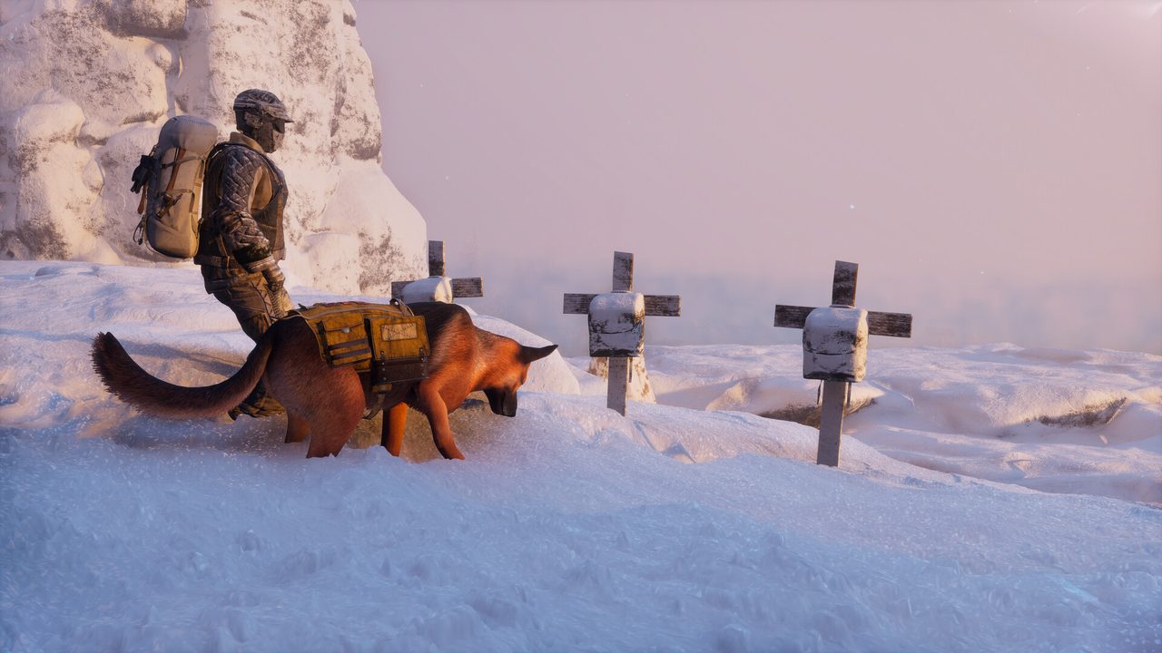A player and their dog crossing a snowy graveyard at dusk